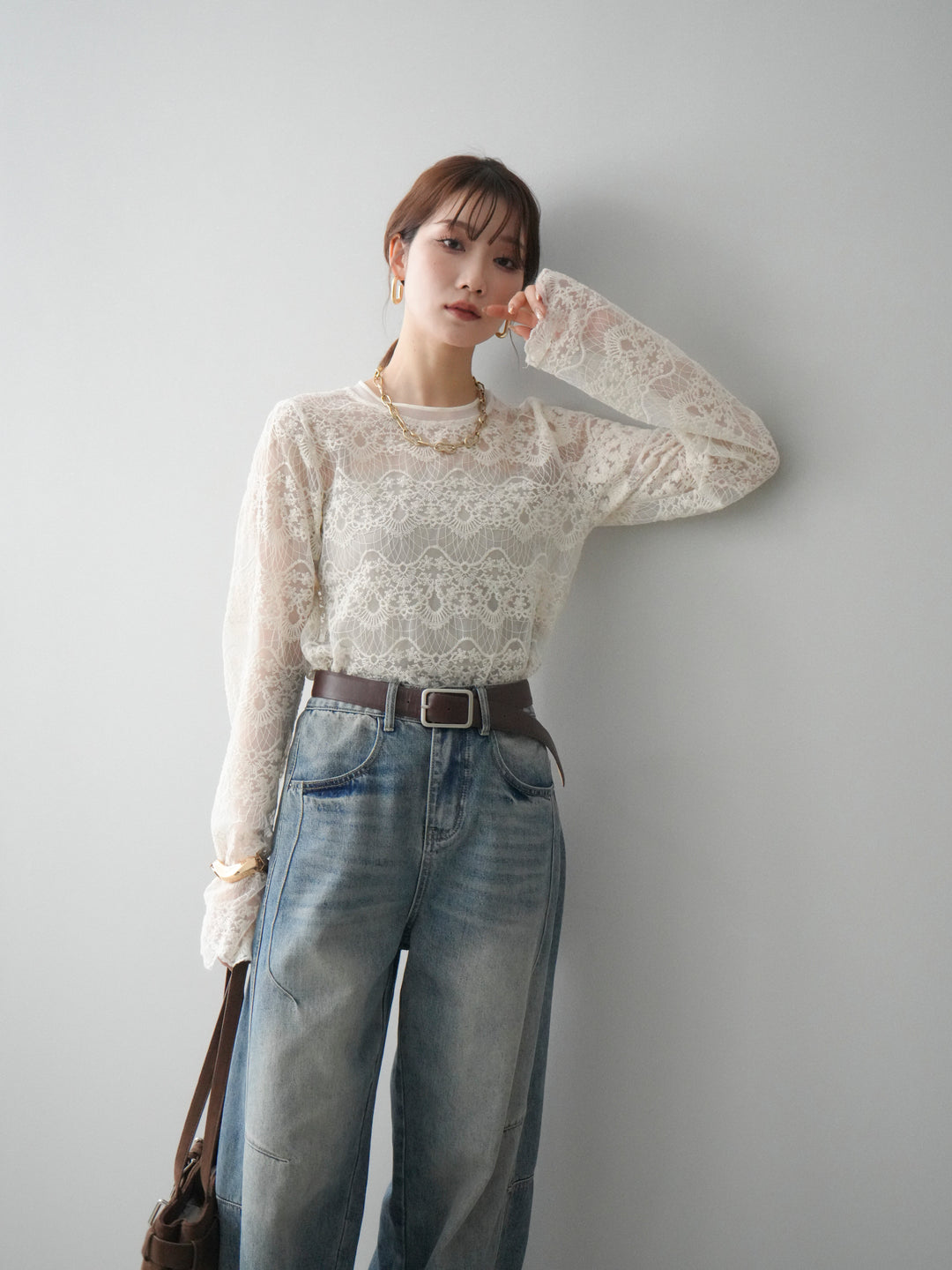 [SET]チュールレーストップス+ベルト付カーブデニムパンツ(2set)