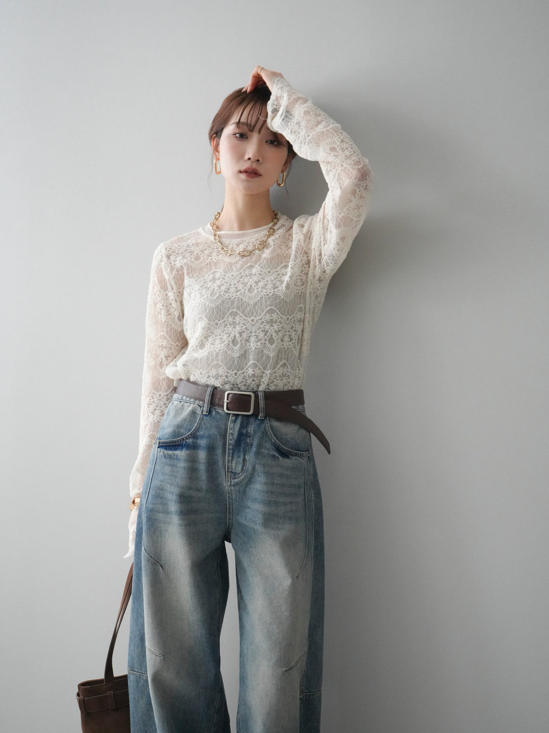 [SET]チュールレーストップス+ベルト付カーブデニムパンツ(2set)