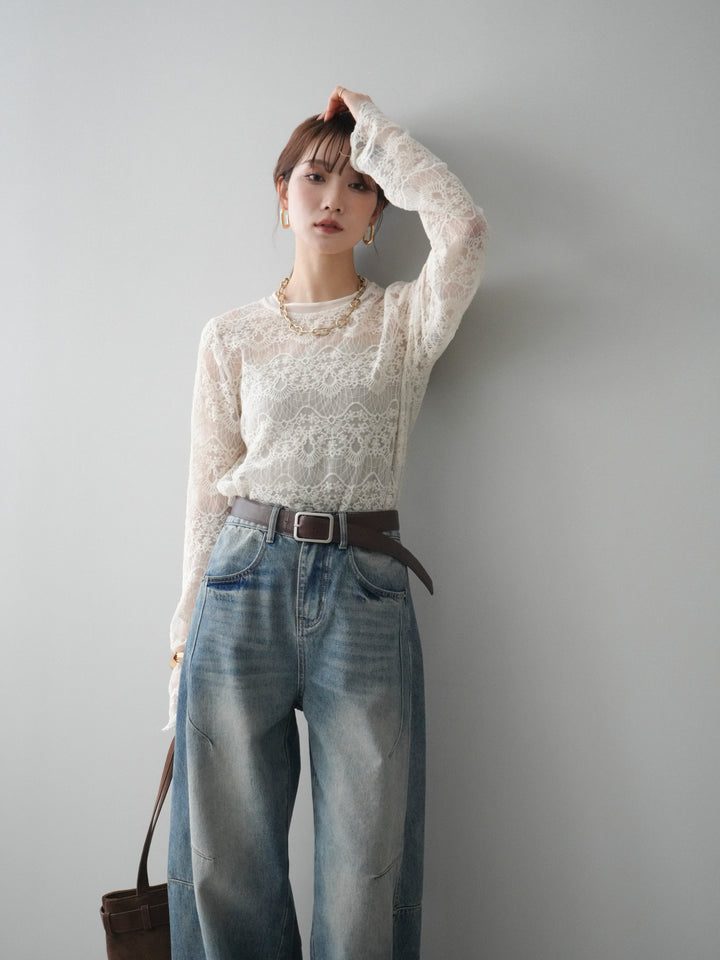 [SET]チュールレーストップス+ベルト付カーブデニムパンツ(2set)