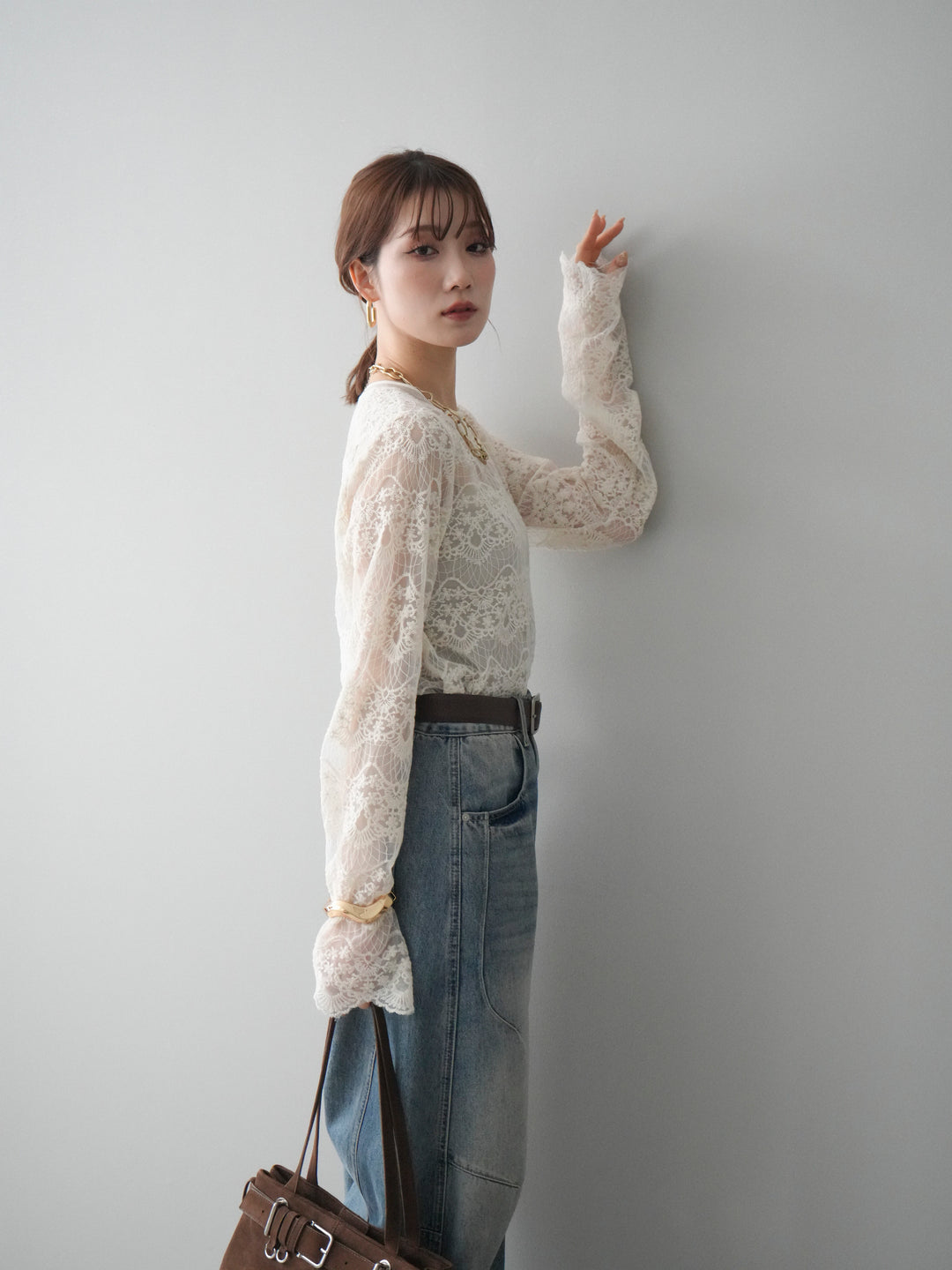 [SET]チュールレーストップス+ベルト付カーブデニムパンツ(2set)