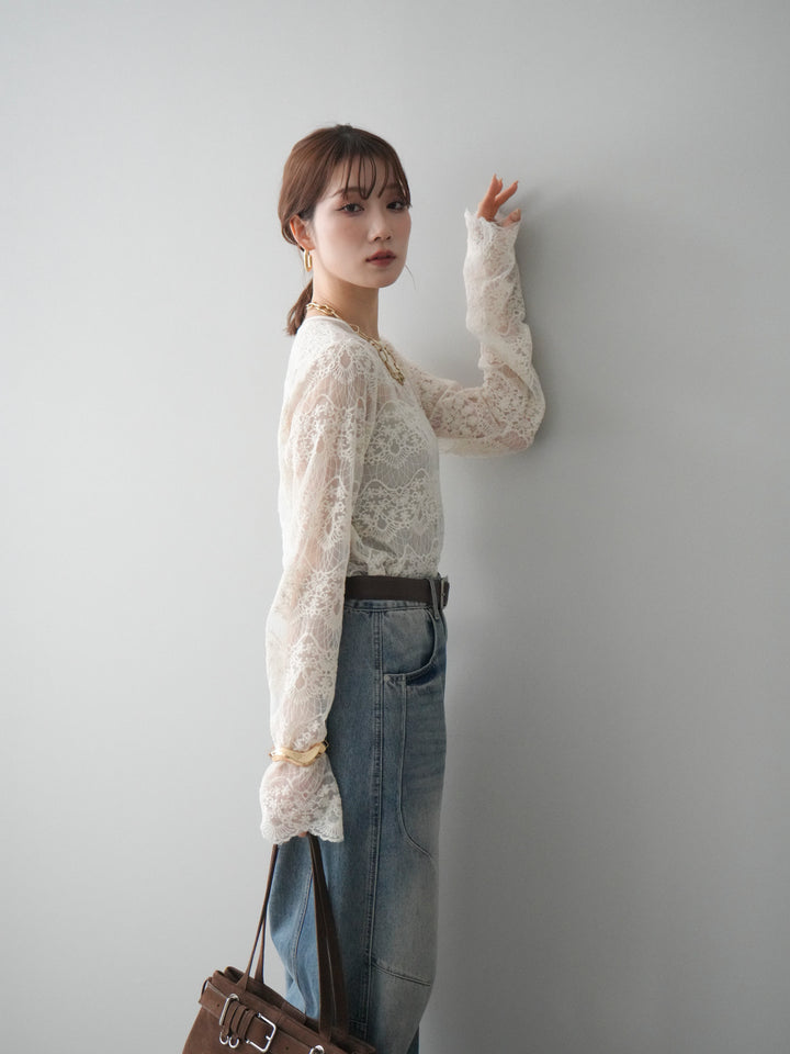 [SET]チュールレーストップス+ベルト付カーブデニムパンツ(2set)