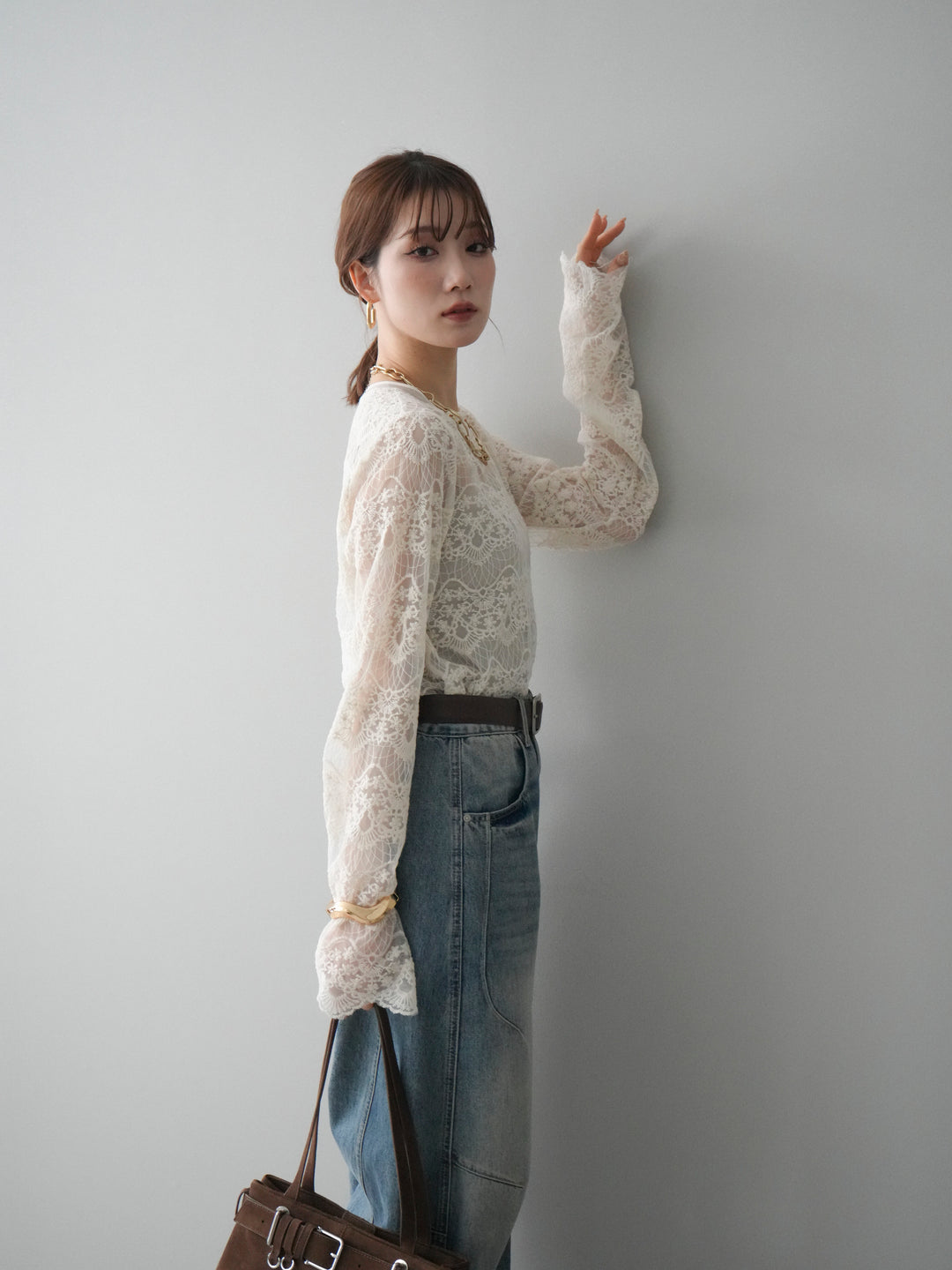 [SET]チュールレーストップス+ベルト付カーブデニムパンツ(2set)