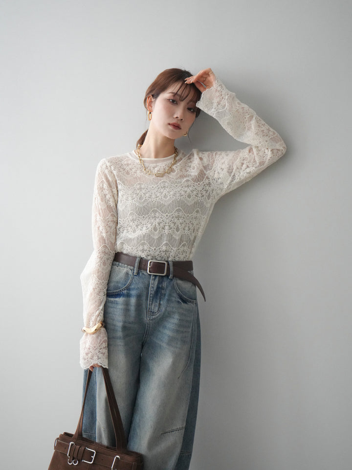 [SET]チュールレーストップス+ベルト付カーブデニムパンツ(2set)