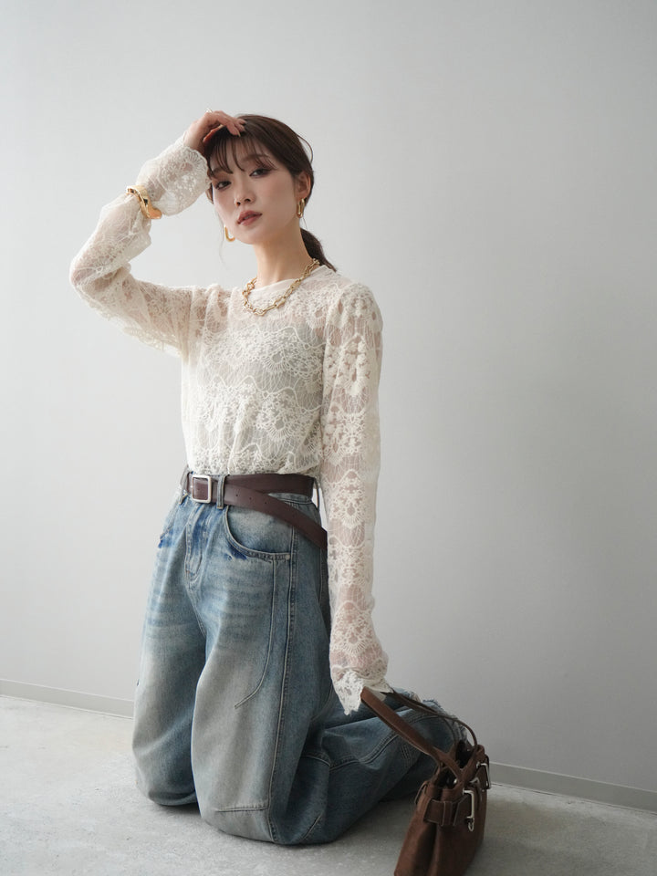 [SET]チュールレーストップス+ベルト付カーブデニムパンツ(2set)