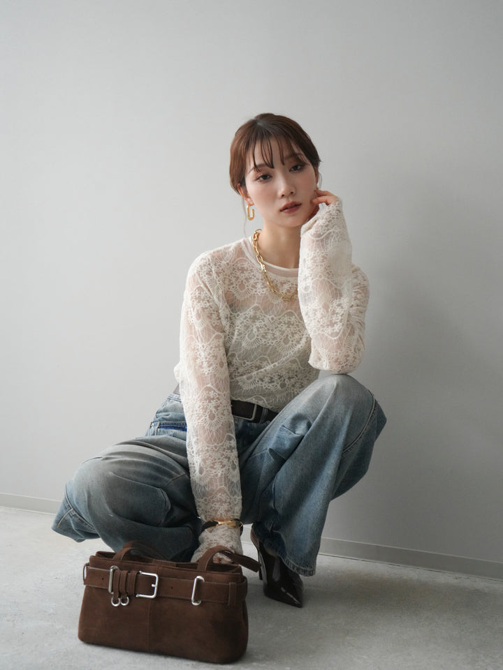 [SET]チュールレーストップス+ベルト付カーブデニムパンツ(2set)