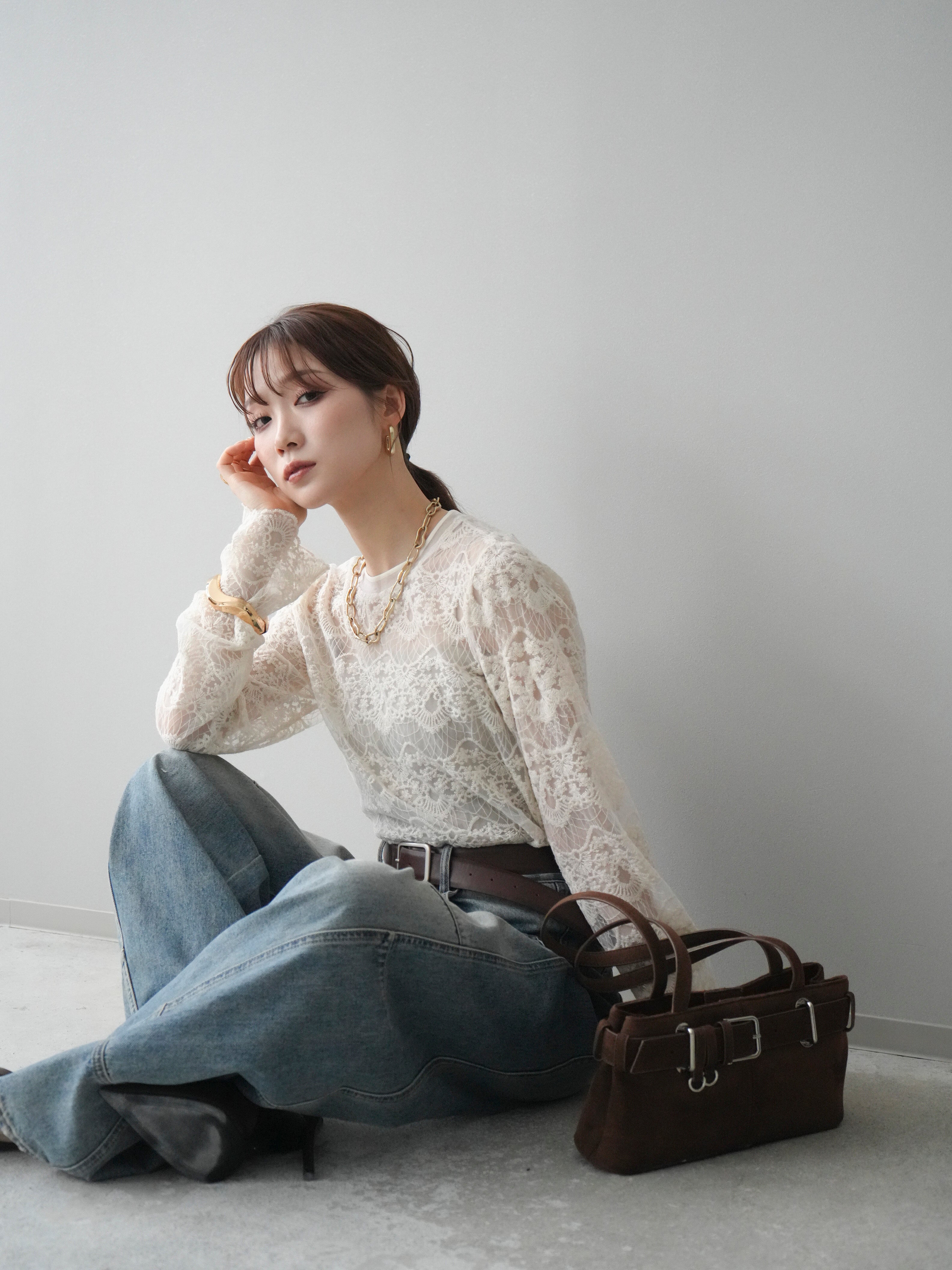 SET]チュールレーストップス+ベルト付カーブデニムパンツ(2set) – Lumier