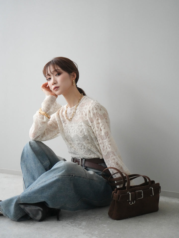 [SET]チュールレーストップス+ベルト付カーブデニムパンツ(2set)