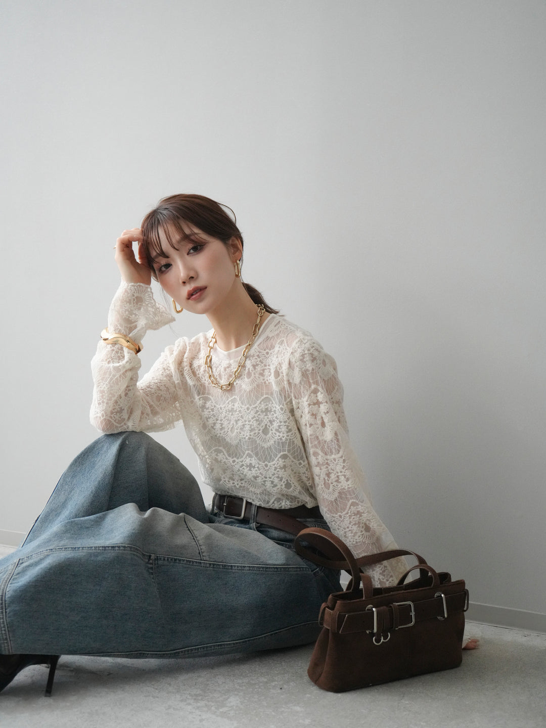 [SET]チュールレーストップス+ベルト付カーブデニムパンツ(2set)