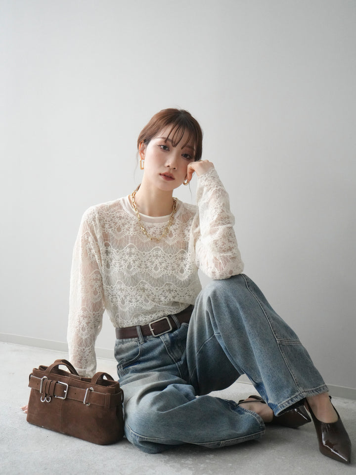 [SET]チュールレーストップス+ベルト付カーブデニムパンツ(2set)