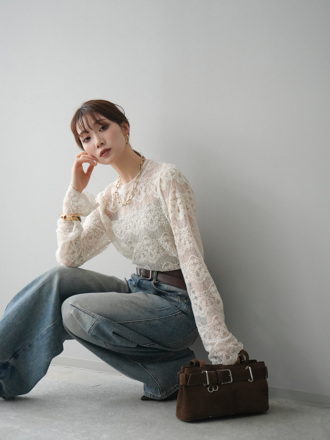 [SET]チュールレーストップス+ベルト付カーブデニムパンツ(2set)