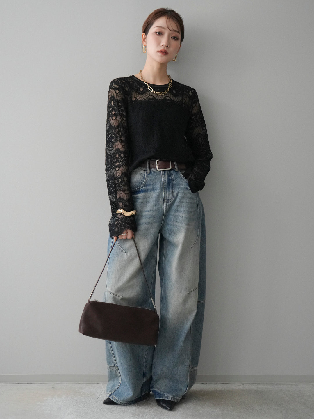 [SET]チュールレーストップス+ベルト付カーブデニムパンツ(2set)