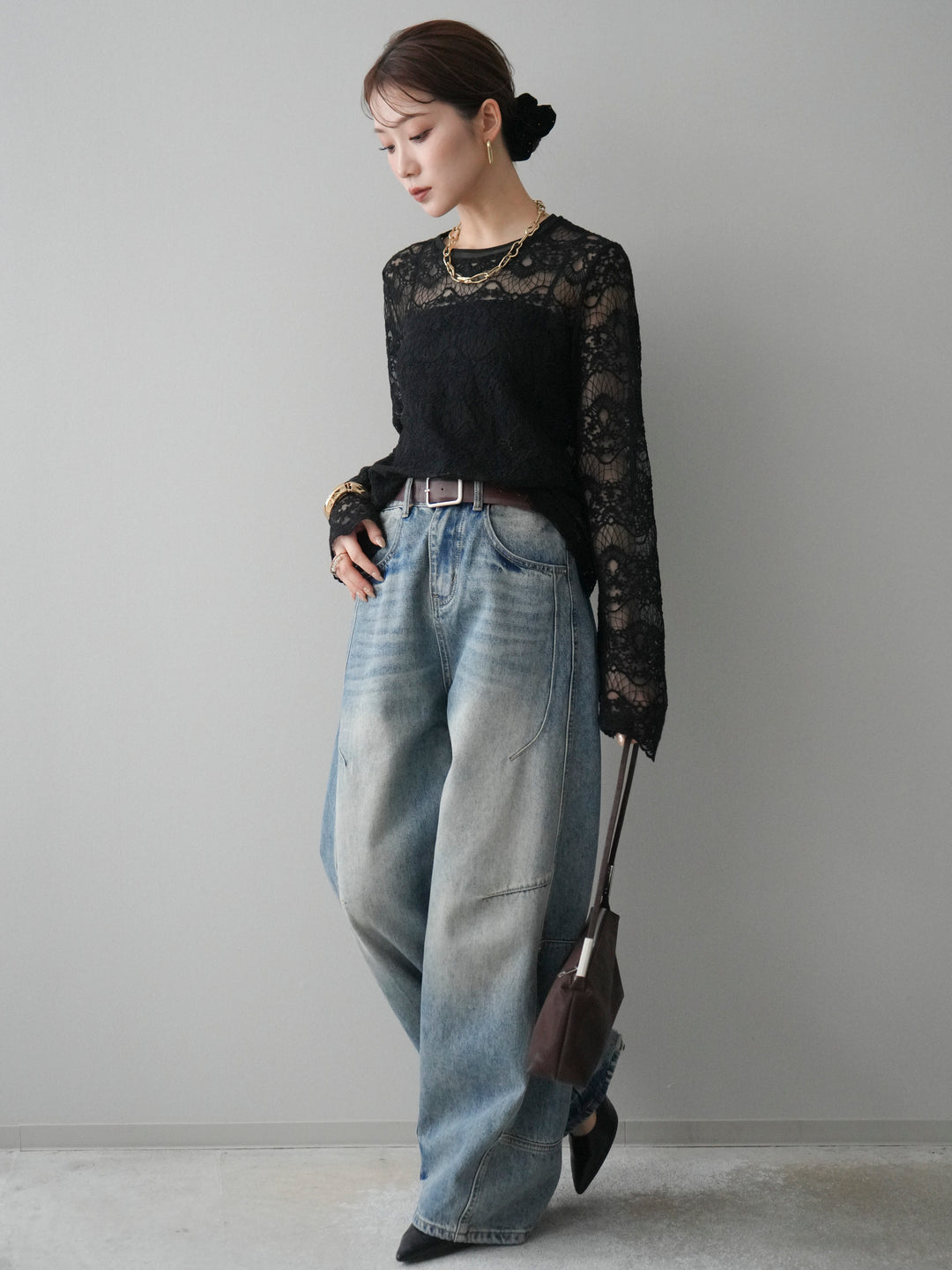 [SET]チュールレーストップス+ベルト付カーブデニムパンツ(2set)