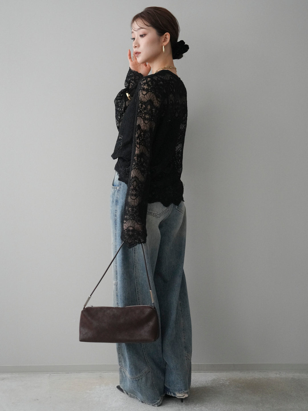 [SET]チュールレーストップス+ベルト付カーブデニムパンツ(2set)