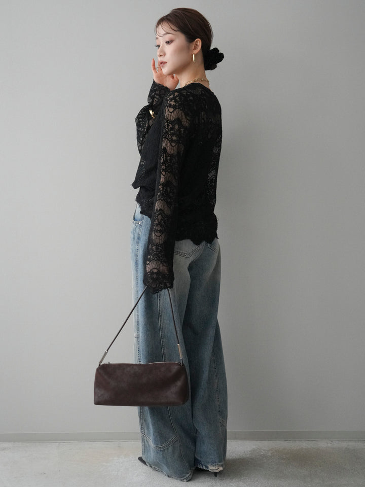 [SET]チュールレーストップス+ベルト付カーブデニムパンツ(2set)