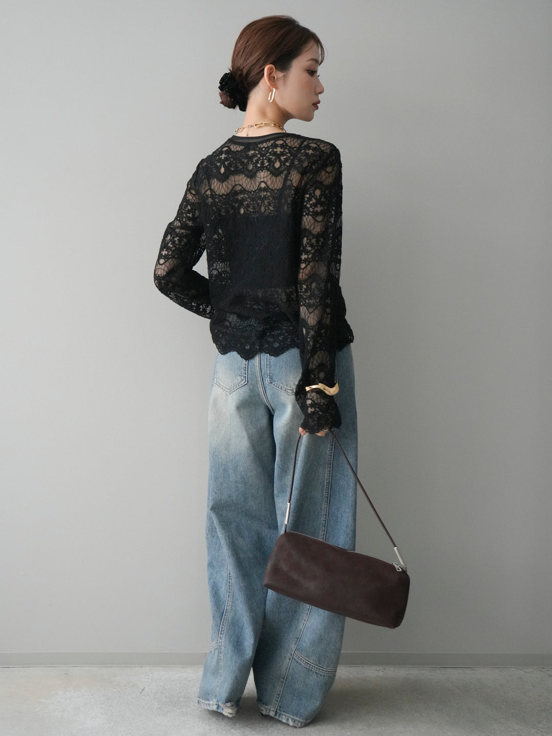 [SET]チュールレーストップス+ベルト付カーブデニムパンツ(2set)