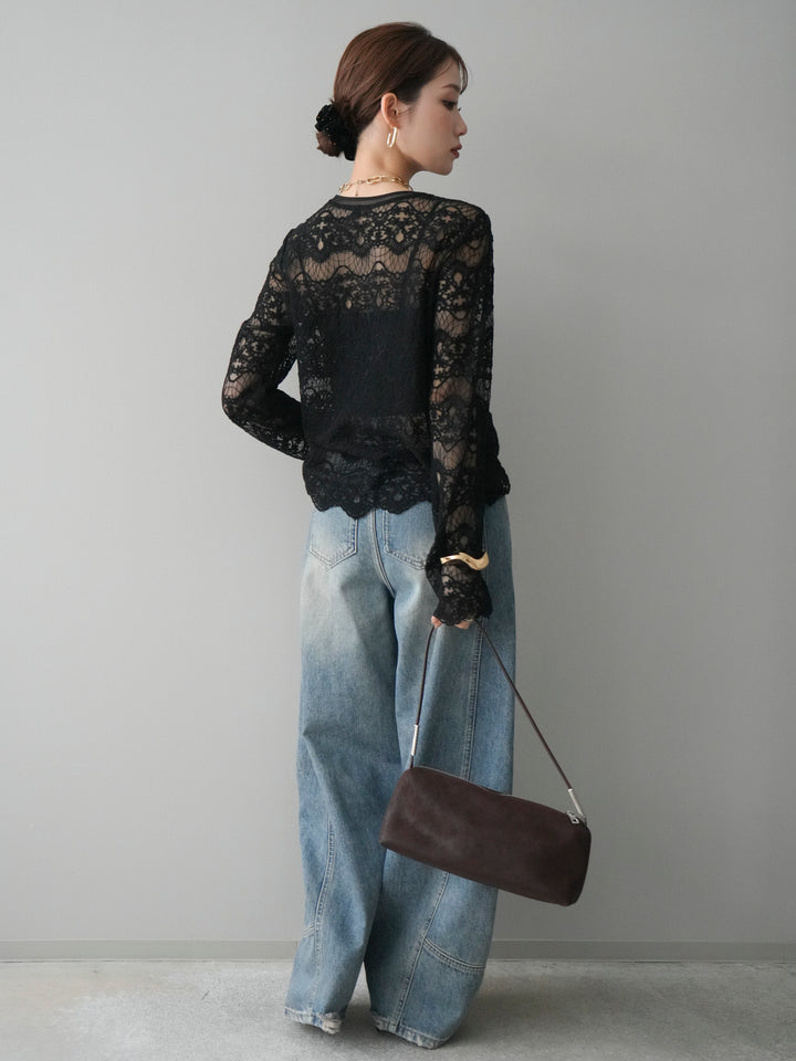 [SET]チュールレーストップス+ベルト付カーブデニムパンツ(2set)