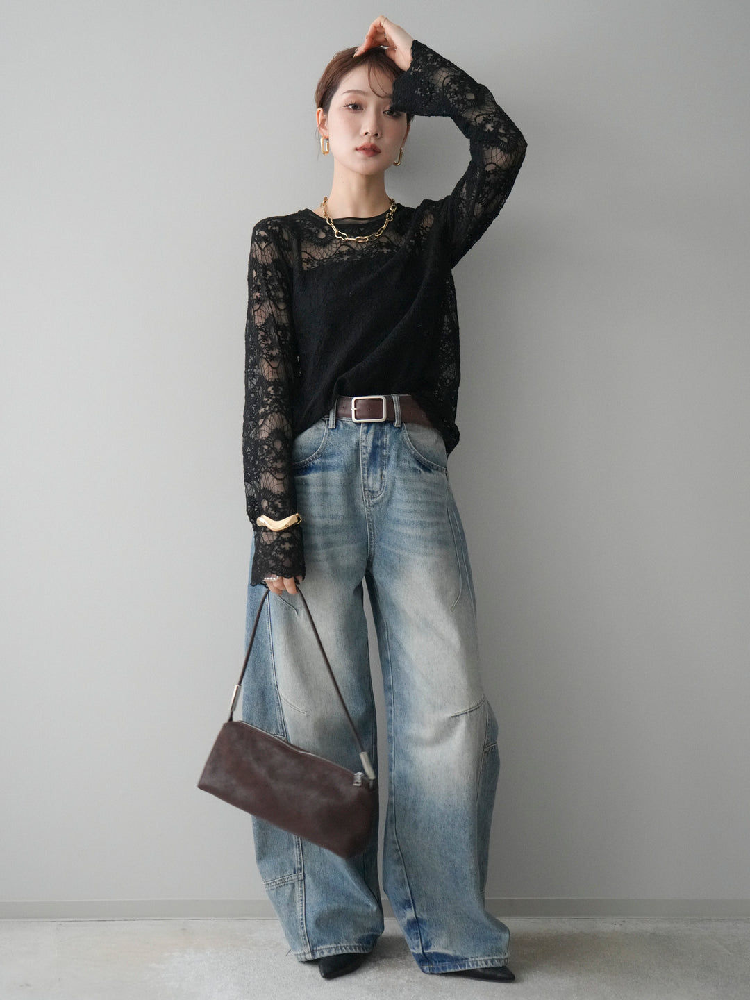 [SET]チュールレーストップス+ベルト付カーブデニムパンツ(2set)