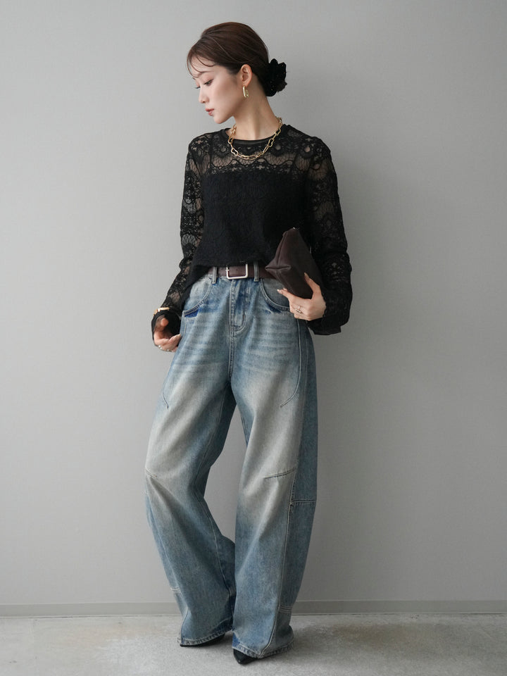 [SET]チュールレーストップス+ベルト付カーブデニムパンツ(2set)