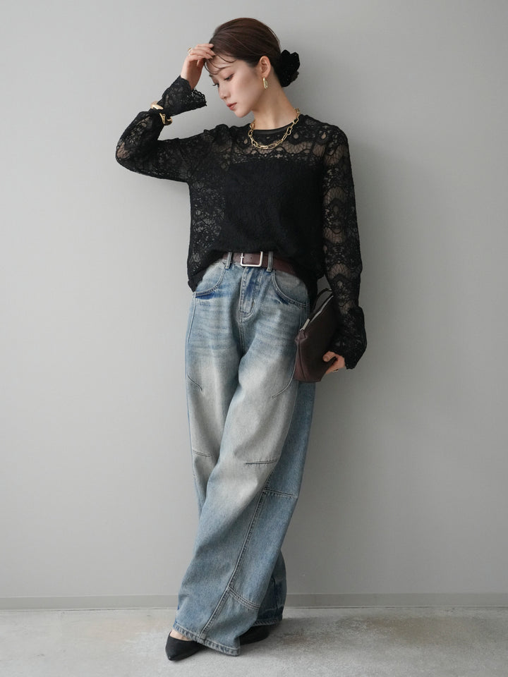 [SET]チュールレーストップス+ベルト付カーブデニムパンツ(2set)