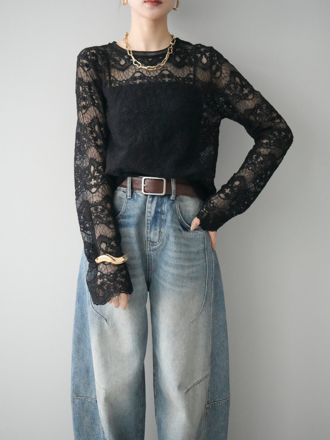 [SET]チュールレーストップス+ベルト付カーブデニムパンツ(2set)