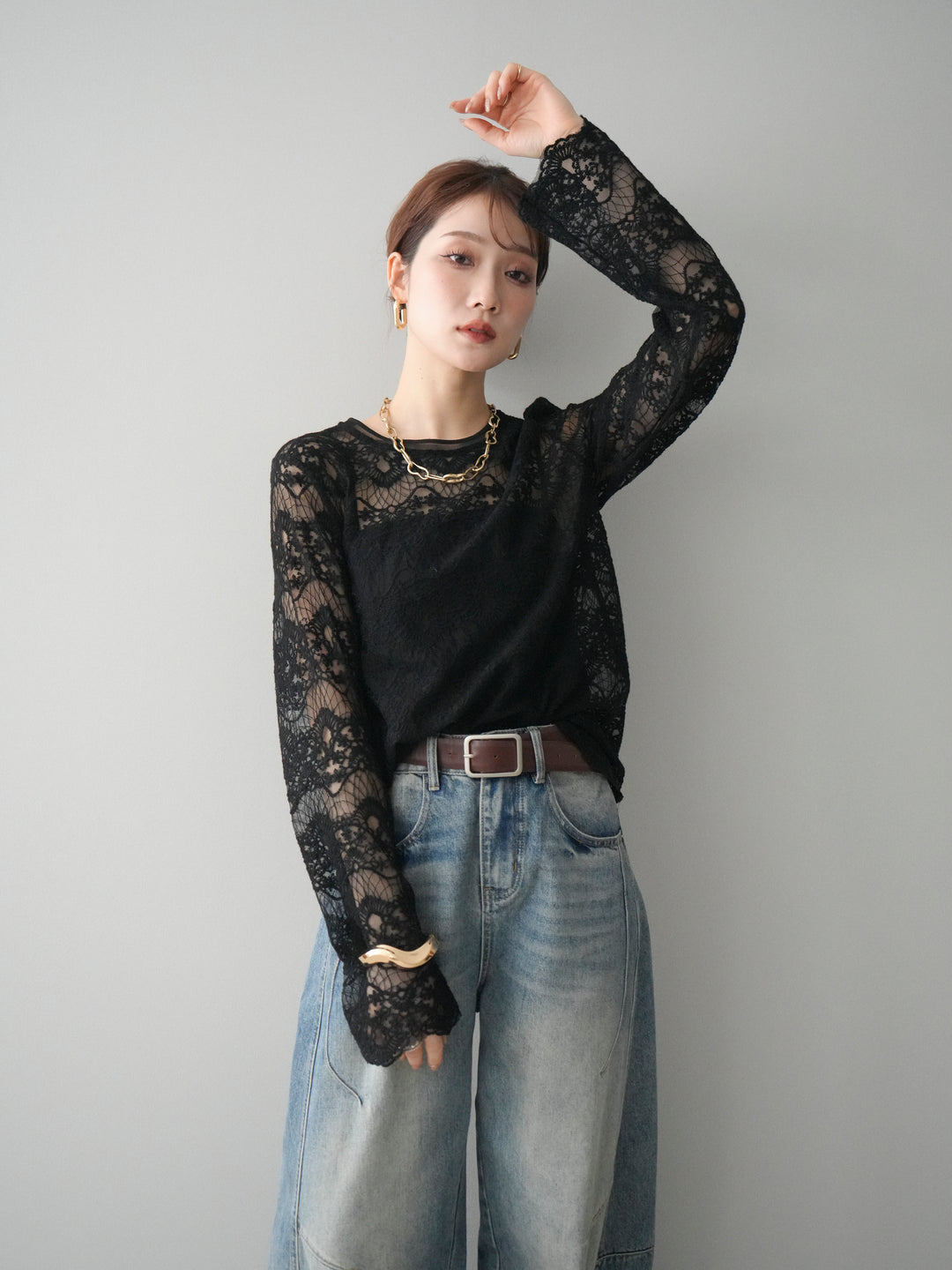 [SET]チュールレーストップス+ベルト付カーブデニムパンツ(2set)