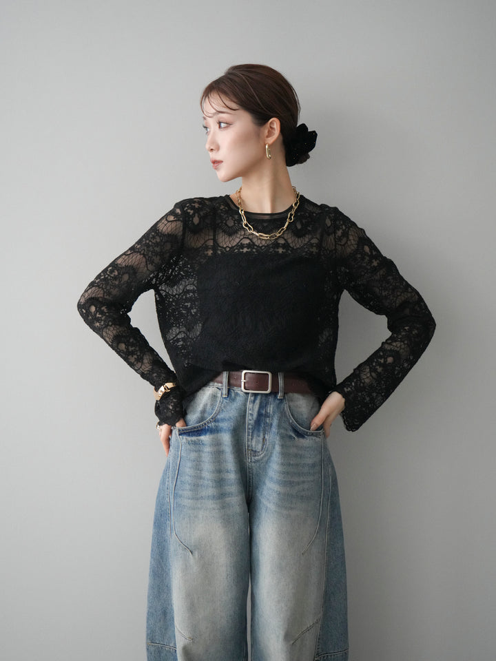 [SET]チュールレーストップス+ベルト付カーブデニムパンツ(2set)