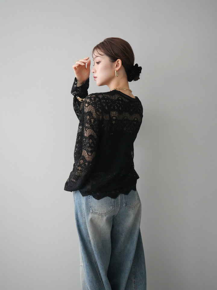 [SET]チュールレーストップス+ベルト付カーブデニムパンツ(2set)