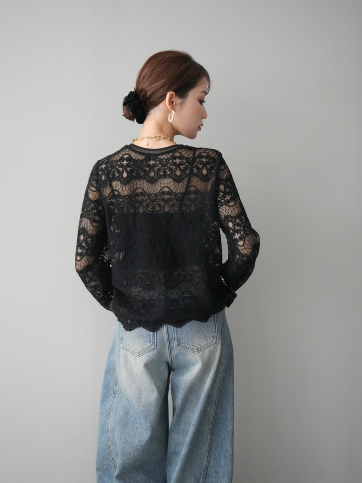 [SET]チュールレーストップス+ベルト付カーブデニムパンツ(2set)