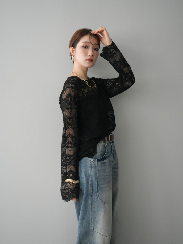 [SET]チュールレーストップス+ベルト付カーブデニムパンツ(2set)