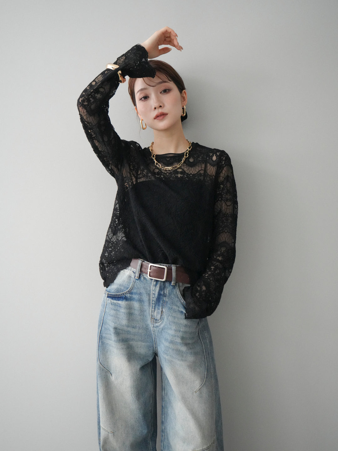 [SET]チュールレーストップス+ベルト付カーブデニムパンツ(2set)