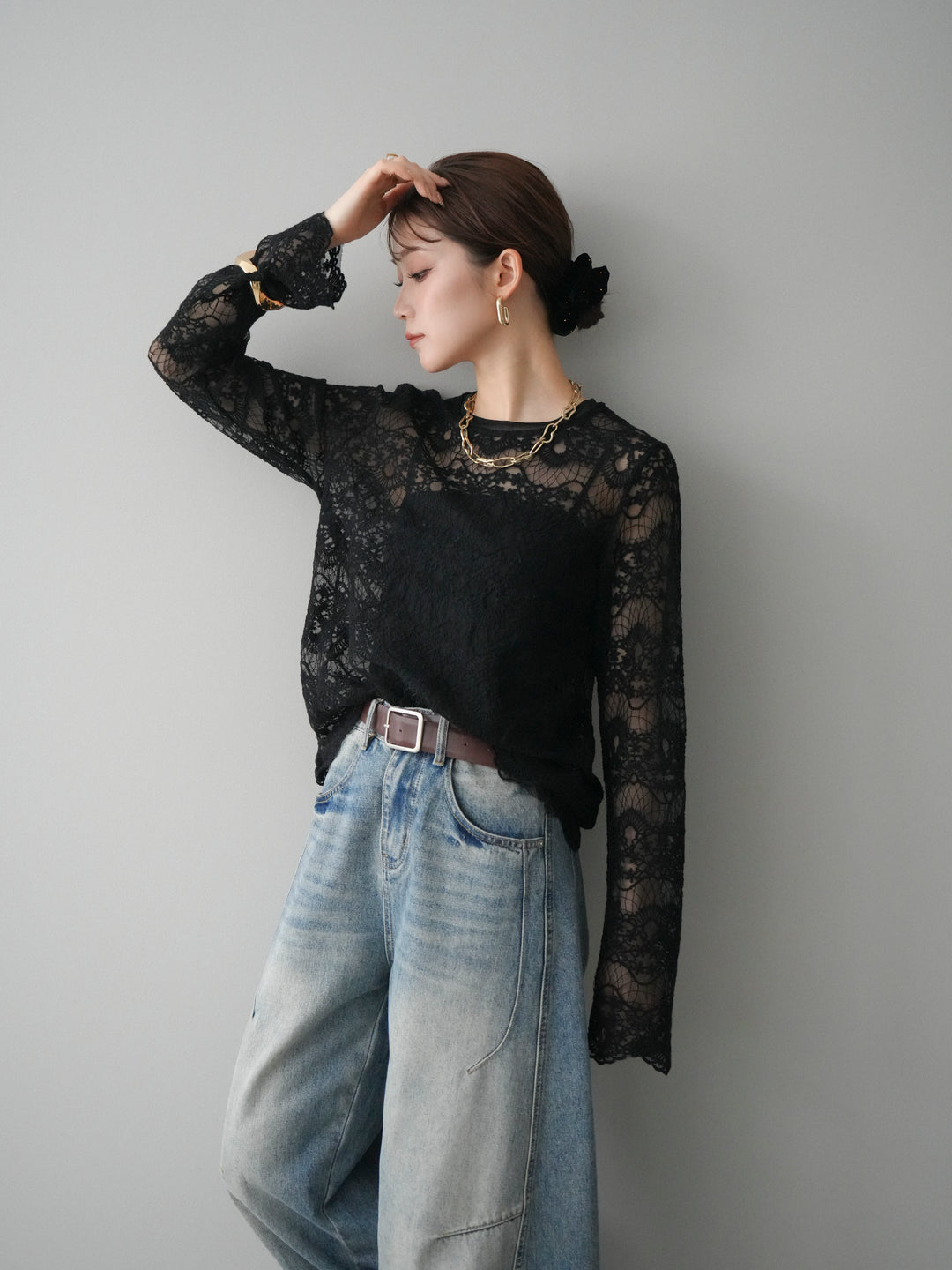 [SET]チュールレーストップス+ベルト付カーブデニムパンツ(2set)