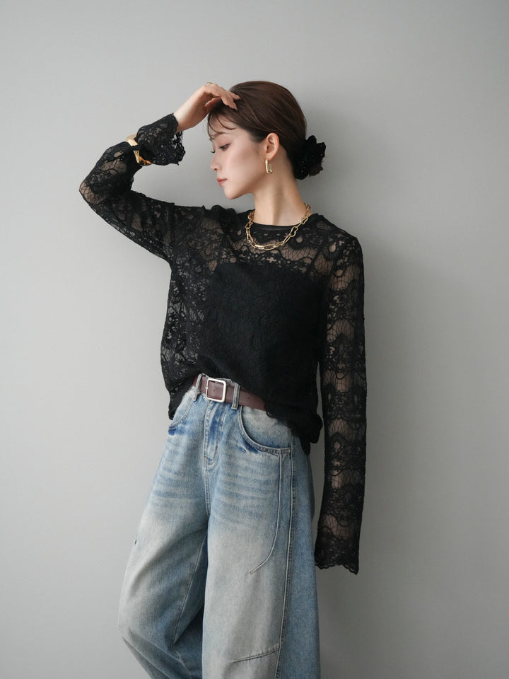 [SET]チュールレーストップス+ベルト付カーブデニムパンツ(2set)