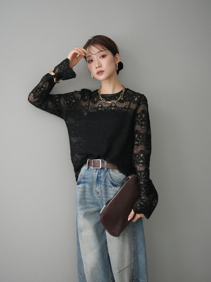 [SET]チュールレーストップス+ベルト付カーブデニムパンツ(2set)