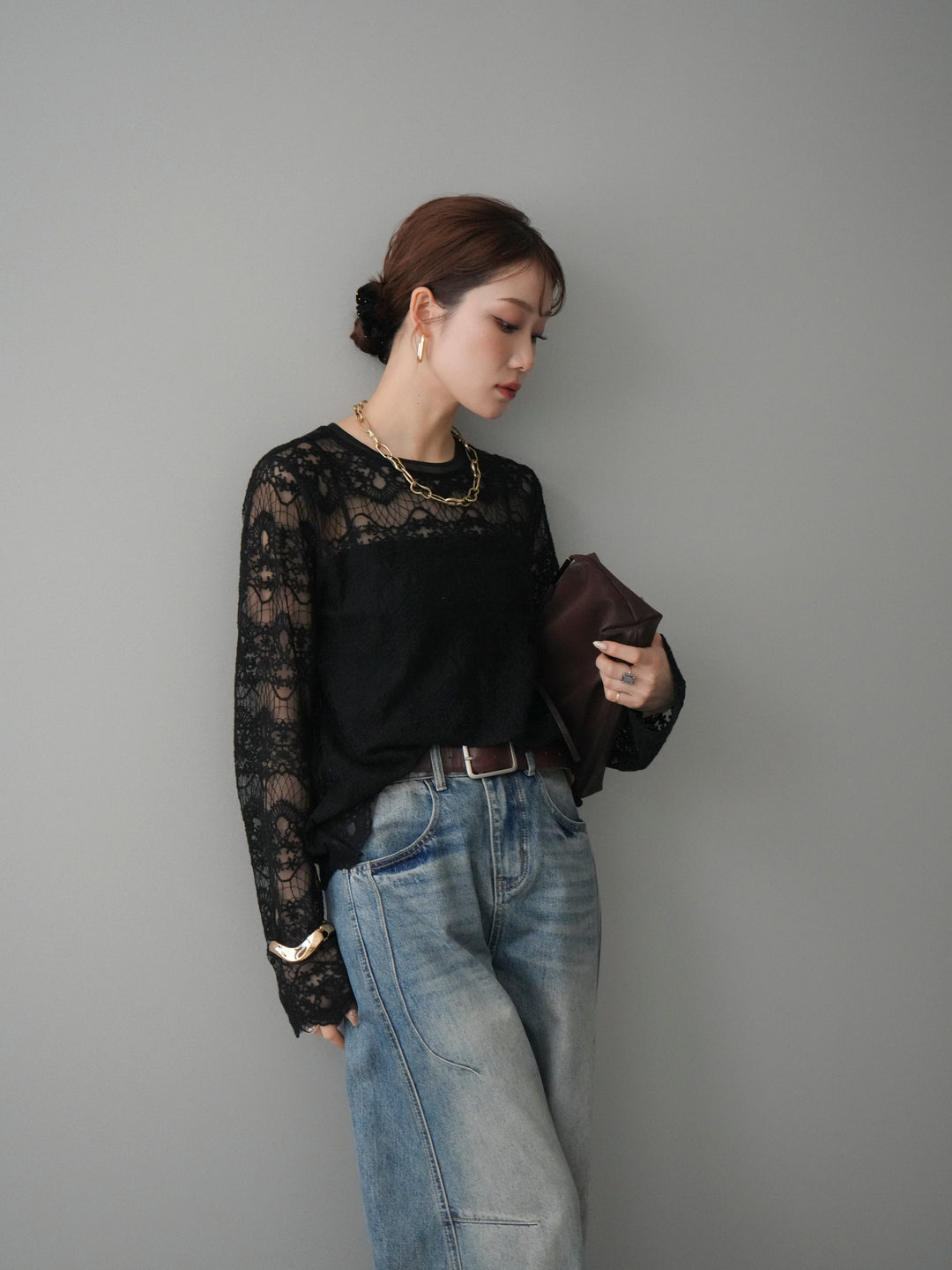 [SET]チュールレーストップス+ベルト付カーブデニムパンツ(2set)