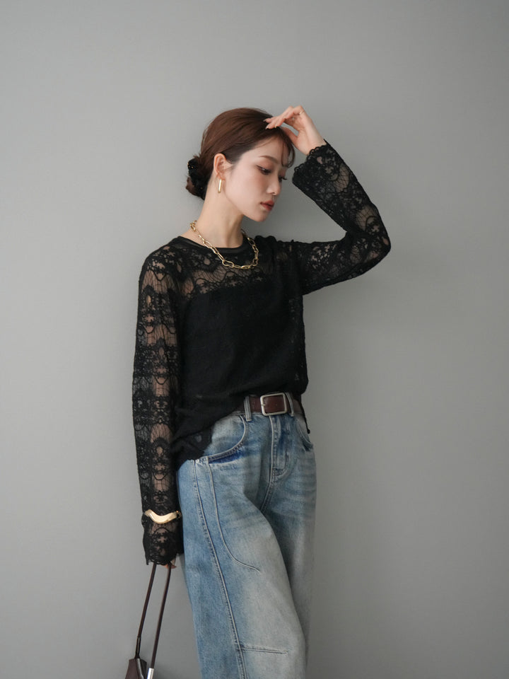 [SET]チュールレーストップス+ベルト付カーブデニムパンツ(2set)