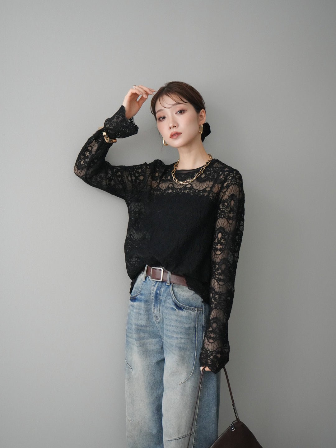 [SET]チュールレーストップス+ベルト付カーブデニムパンツ(2set)