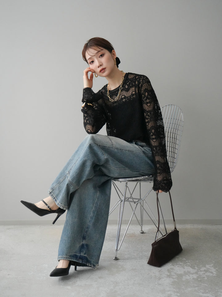 [SET]チュールレーストップス+ベルト付カーブデニムパンツ(2set)