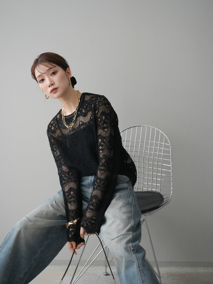 [SET]チュールレーストップス+ベルト付カーブデニムパンツ(2set)