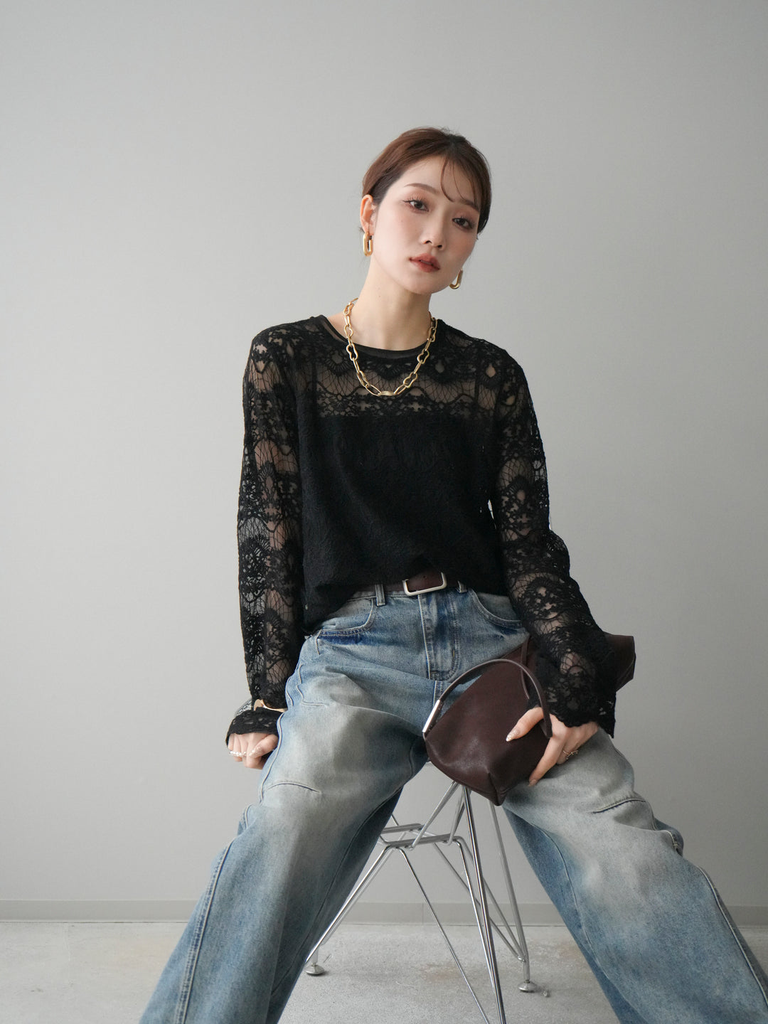 [SET]チュールレーストップス+ベルト付カーブデニムパンツ(2set)