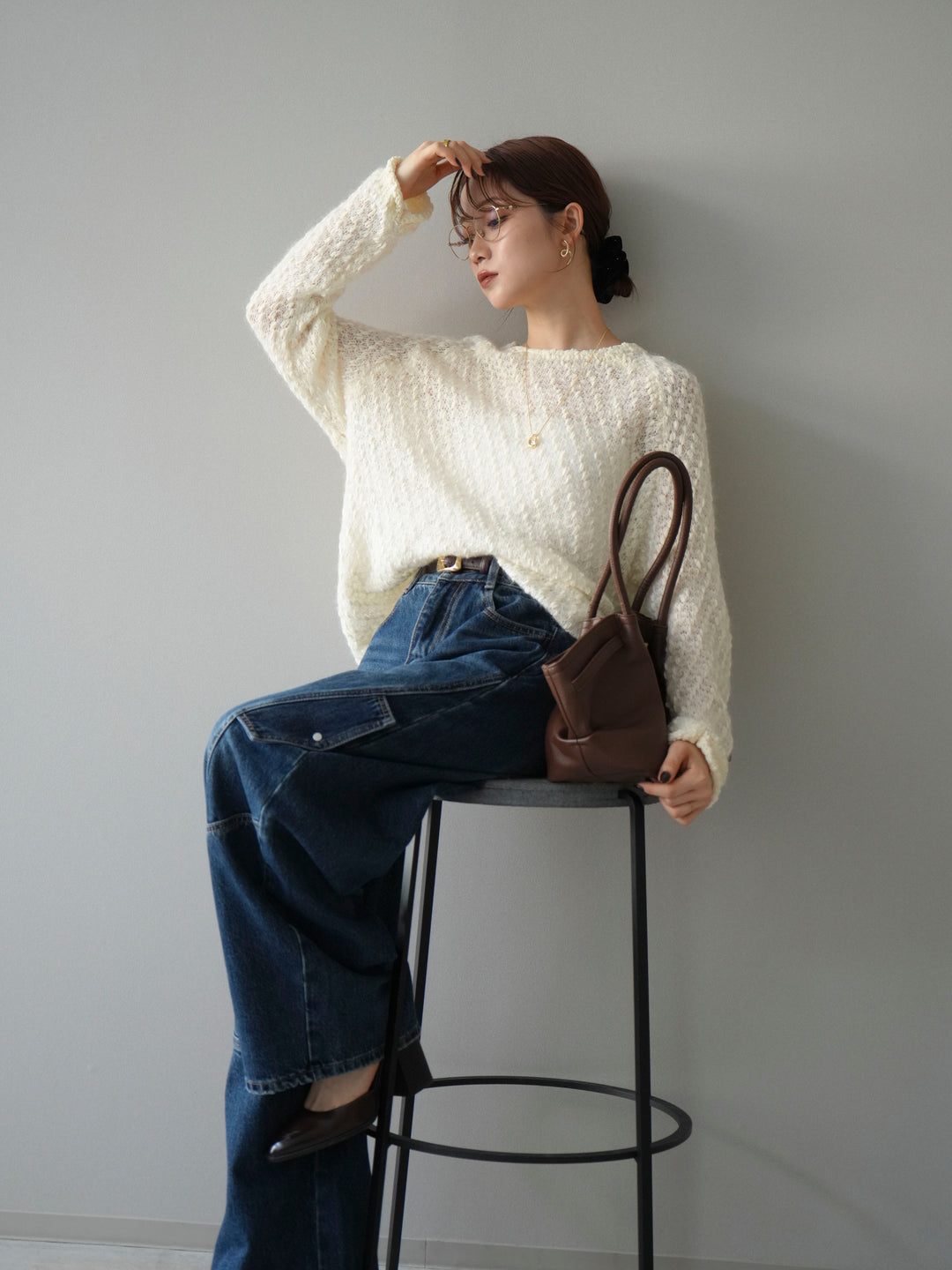 [予約]透かし編みモヘアタッチポコポコニットプルオーバー/ivory