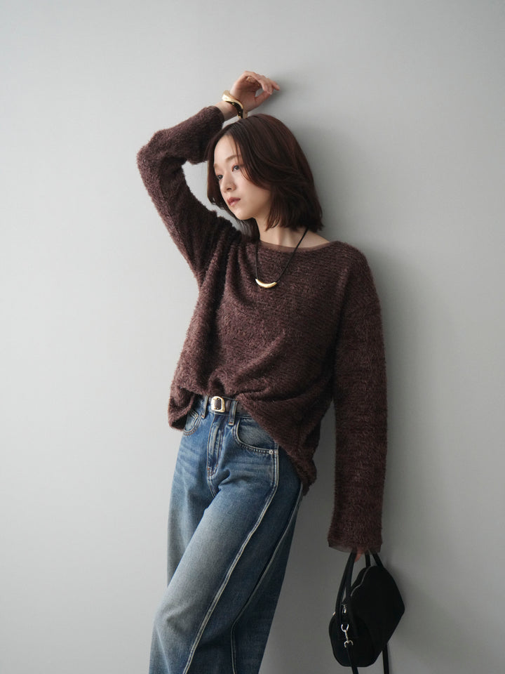 [SET]ラメシャギートップス+サイド切替カーブデニムパンツ(2set)