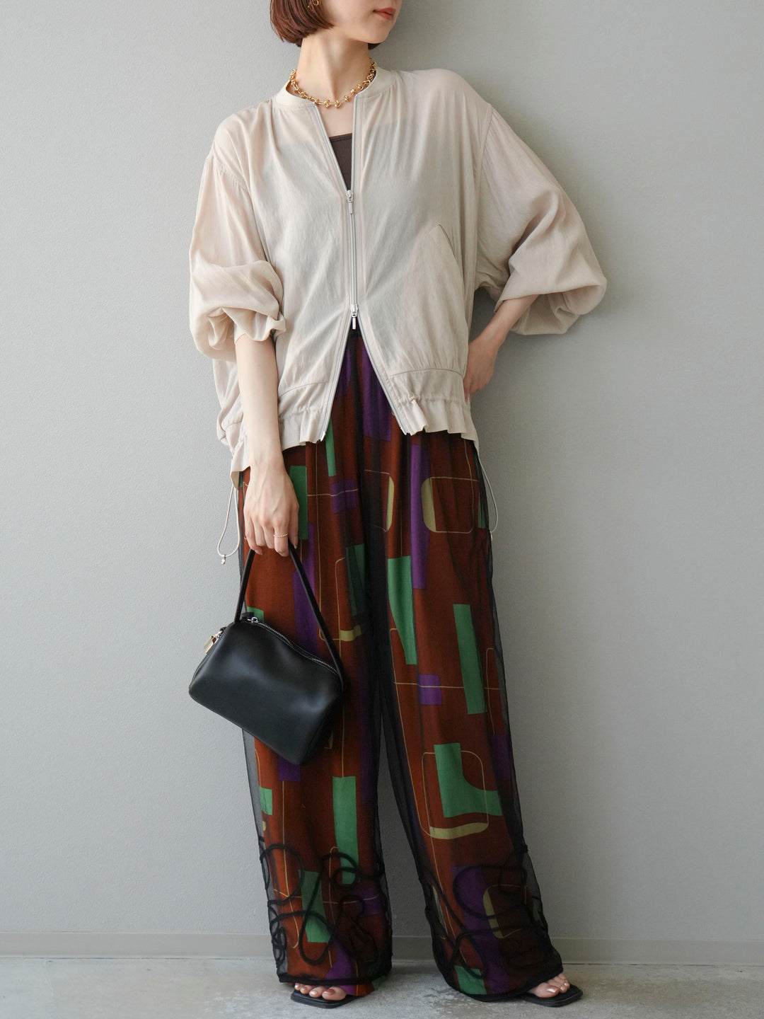 [予約]レーヨンフレックススラブレトロ柄ストレートパンツ/ブラウン