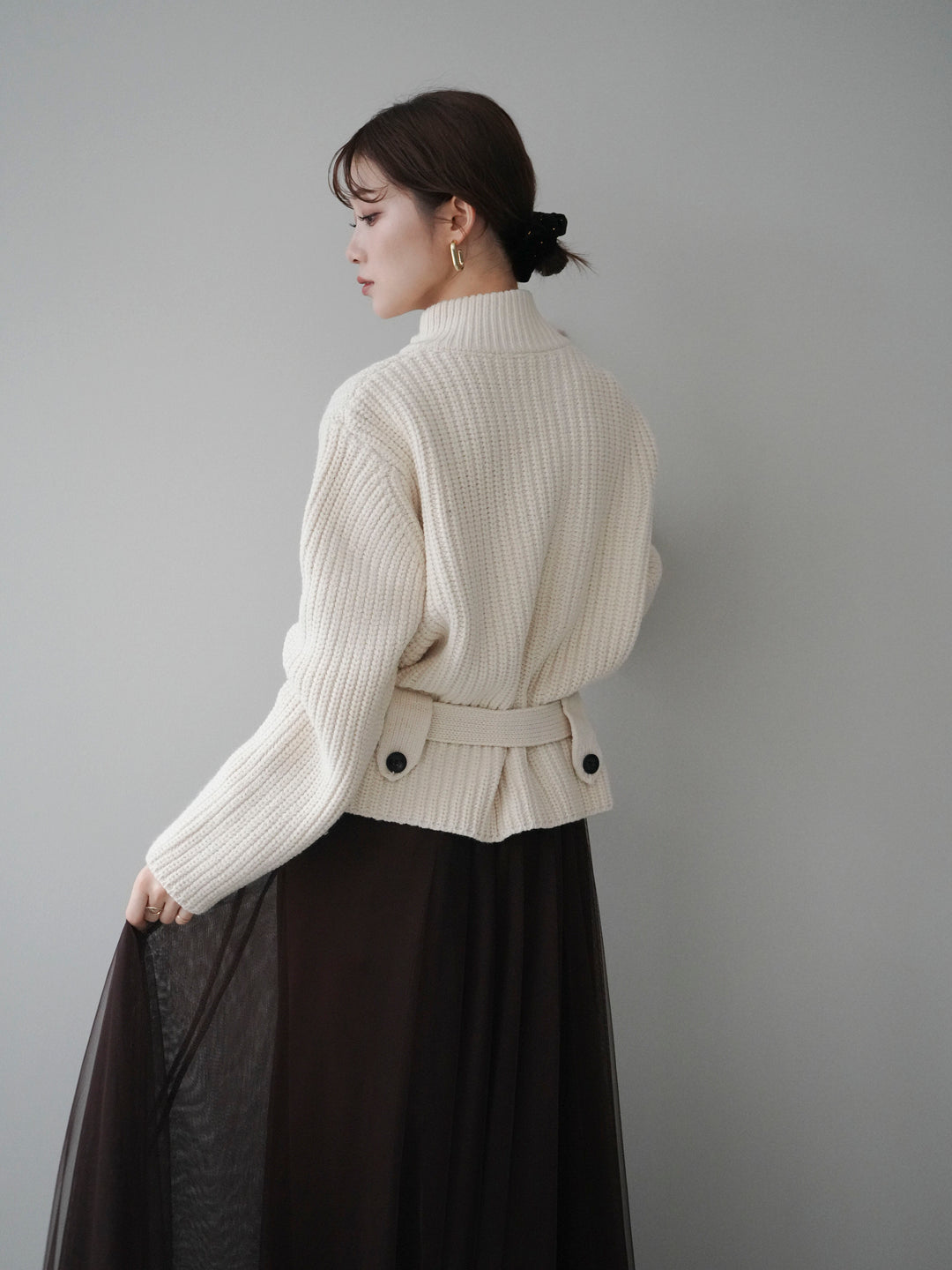 [予約]畦編みボトルネックZIPニットカーディガン/white