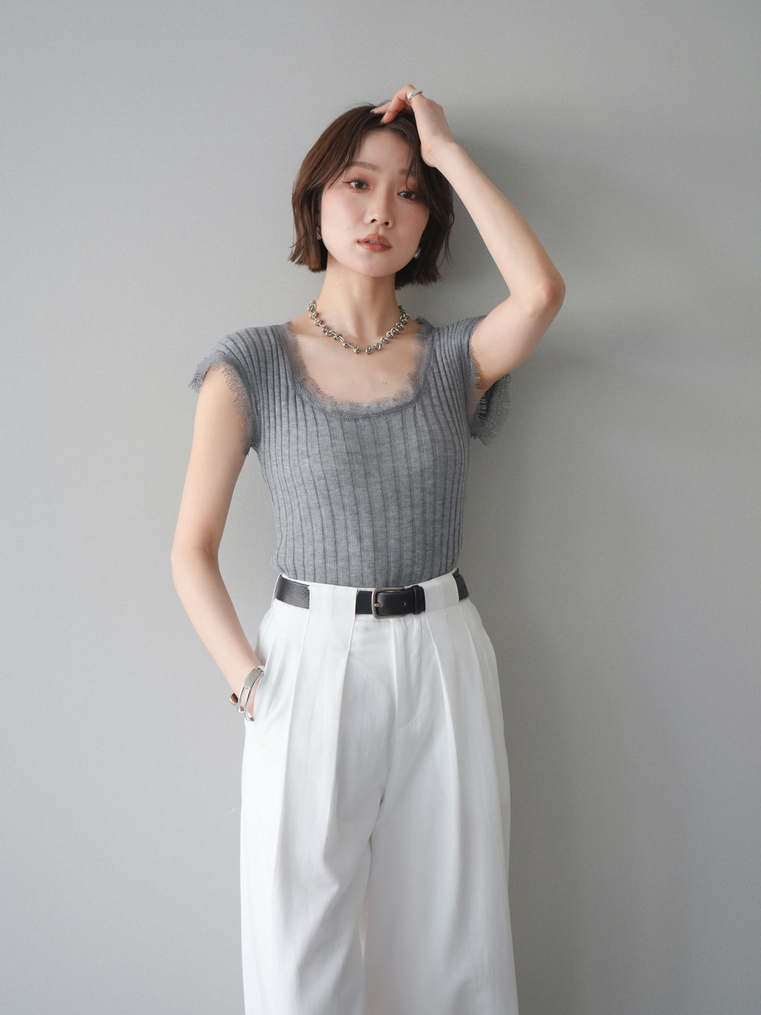 [予約]レーストリムリブニットトップス/gray