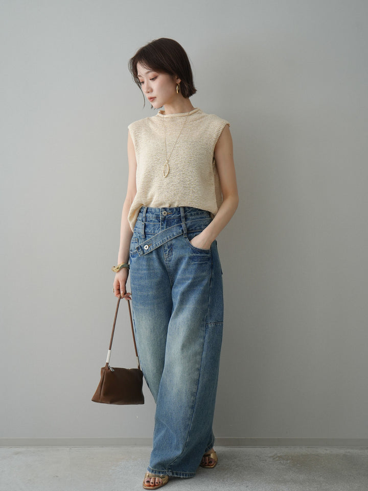 【套裝】無袖亞麻質感透視針織套頭衫 + 不對稱闊腿牛仔褲（兩件套）