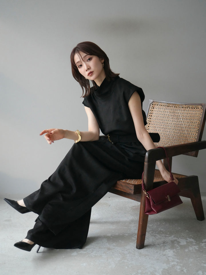 [SET]ベルト付スエードハイネックプルオーバー＆ワイドパンツSET UP