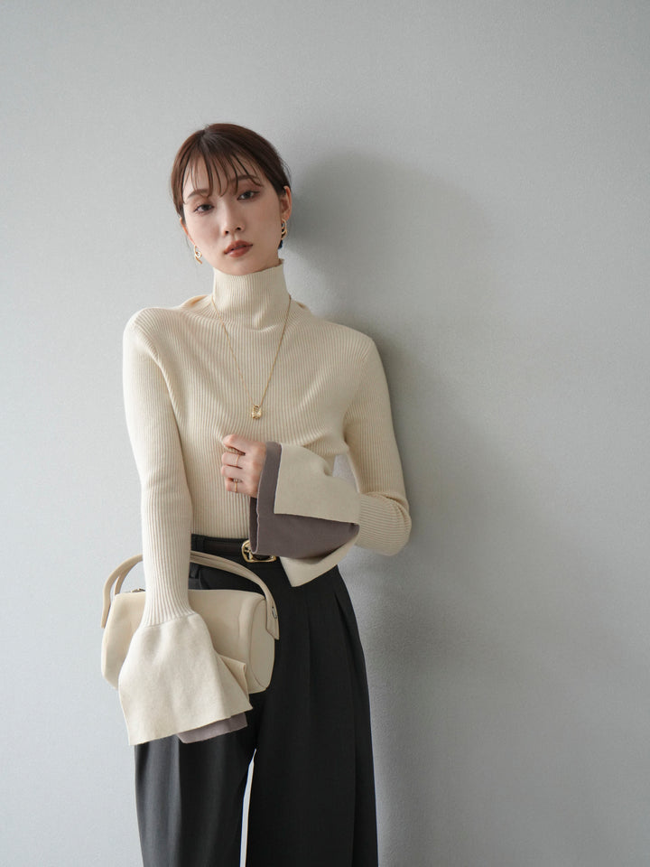 [SET] 疊層喇叭袖高領針織上衣 + 雙褶寬褲 (2 套)