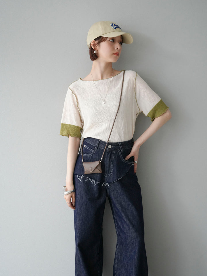 [SET] 百褶同色船領套頭衫 + 臀部設計牛仔褲（2 件組）