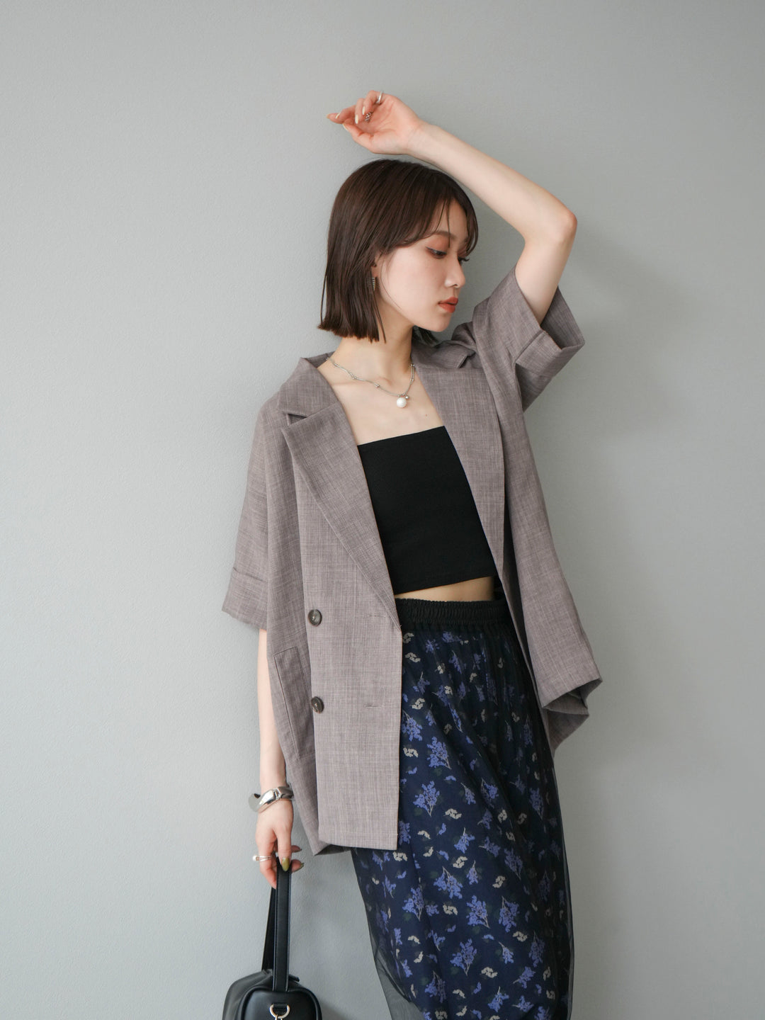 [SET]リネンライクハーフテーラードジャケット+コード刺繍チュールレイヤードパンツ(2set)