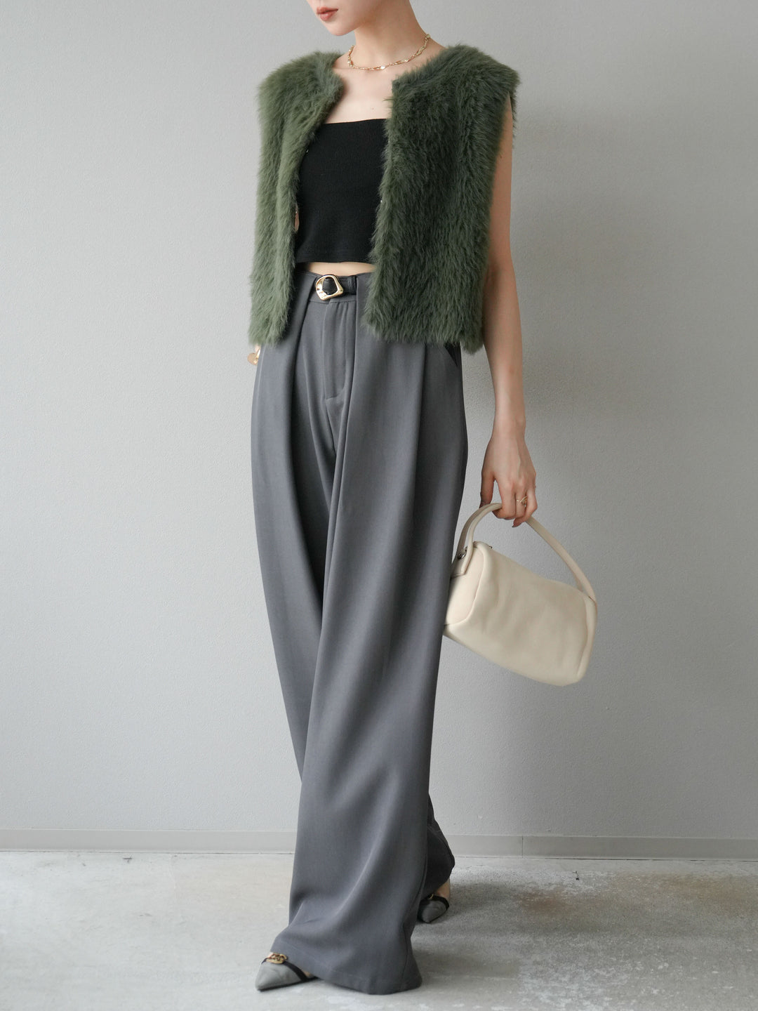 【預購】皮帶環設計寬褲/灰色